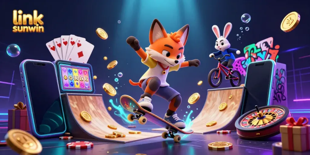 Experience the excitement of gaming with link sunwin amidst vibrant casino symbols and animated characters.