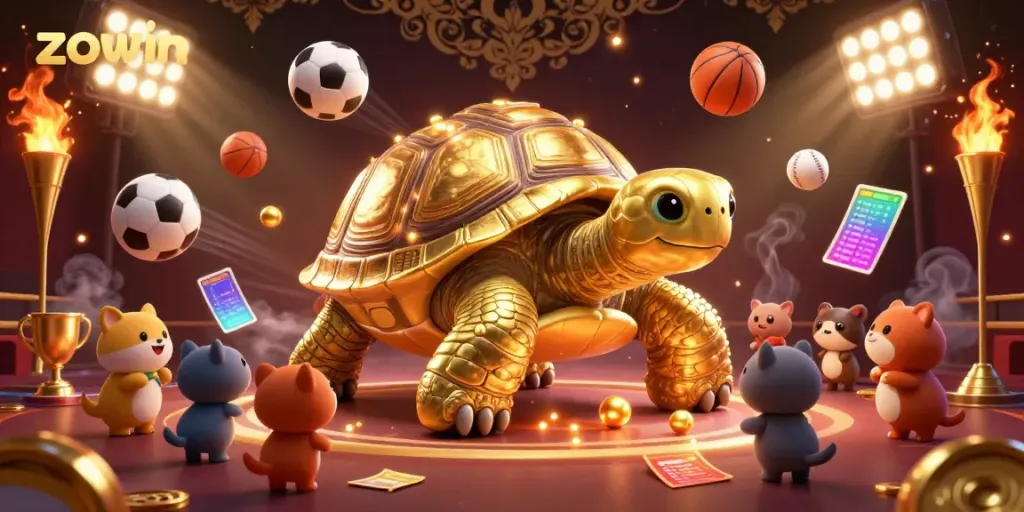 Zowin players enjoy a dynamic gaming experience with a golden tortoise pinball machine in a vibrant casino scene.