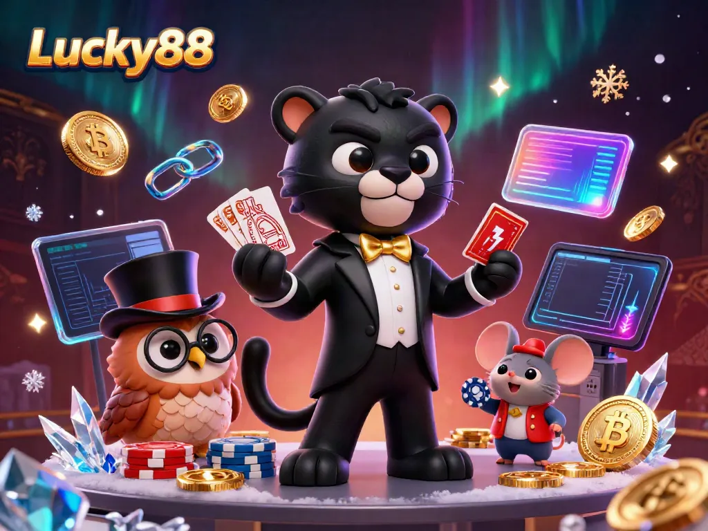 Engagingly watch Lucky88's stylish panther dealing cards amid vibrant casino elements.