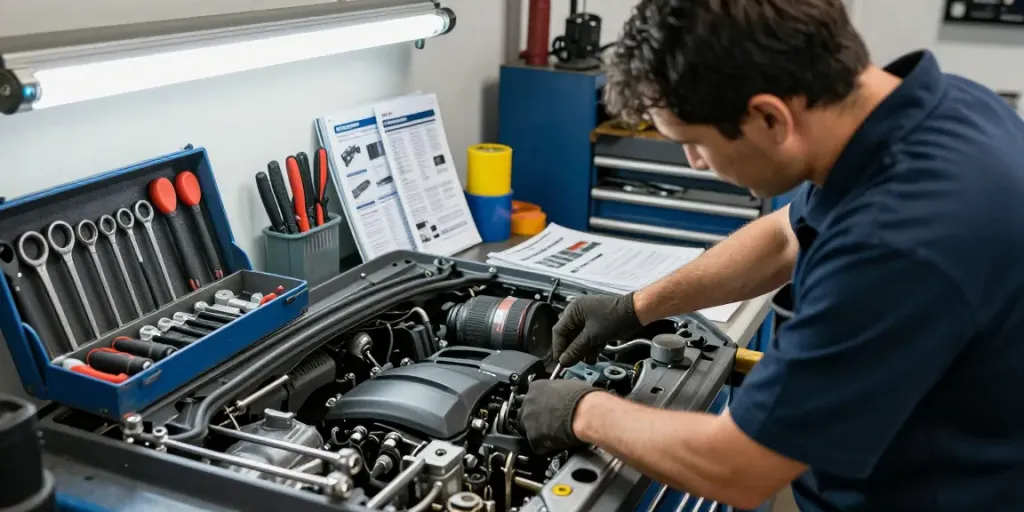 Technician using ks tools in a well-lit automotive workshop for efficient engine repairs.