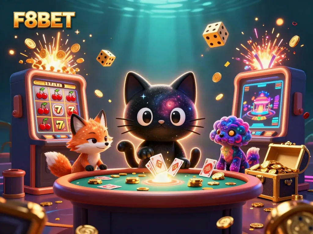 Experience the immersive universe of F8BET at a cosmic casino table filled with jackpots and vibrant gaming elements.