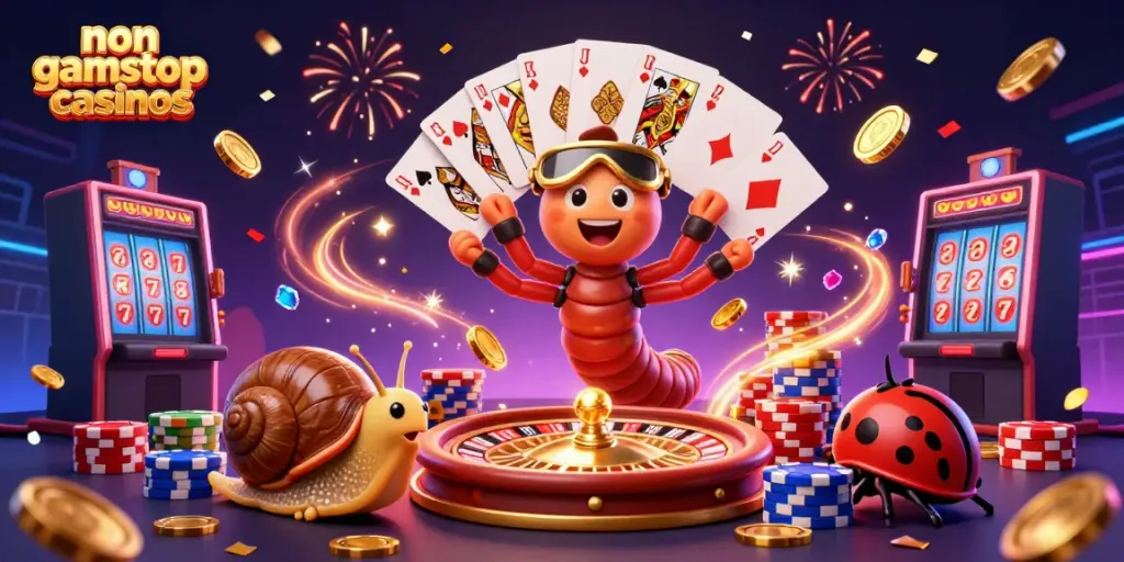 Engage in thrilling gameplay with non gamstop casinos as a cartoon millipede dealer showcases vibrant cards.