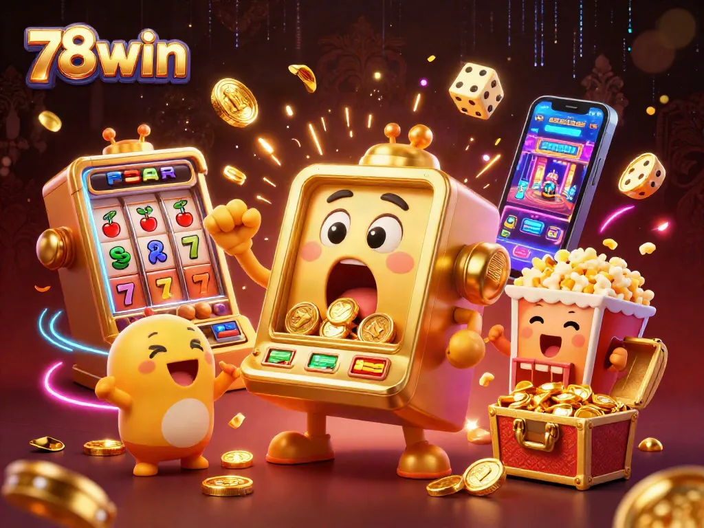 Experience the thrill as 78win's slot machine hits the jackpot, surrounded by festive casino elements.