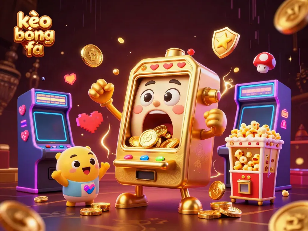 Experience excitement with kèo bóng đá as animated slot machines celebrate a jackpot, surrounded by vibrant casino elements.