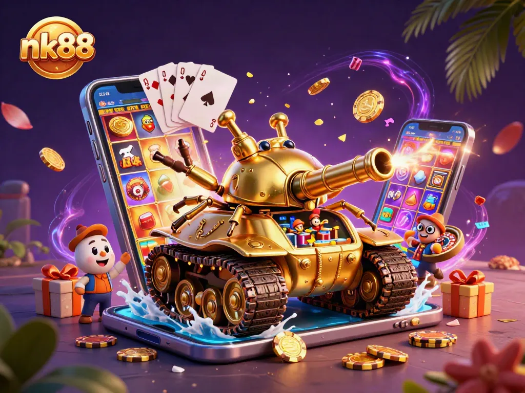 Play exciting games with nk88's immersive casino experience, featuring a golden beetle tank and vibrant slot visuals.