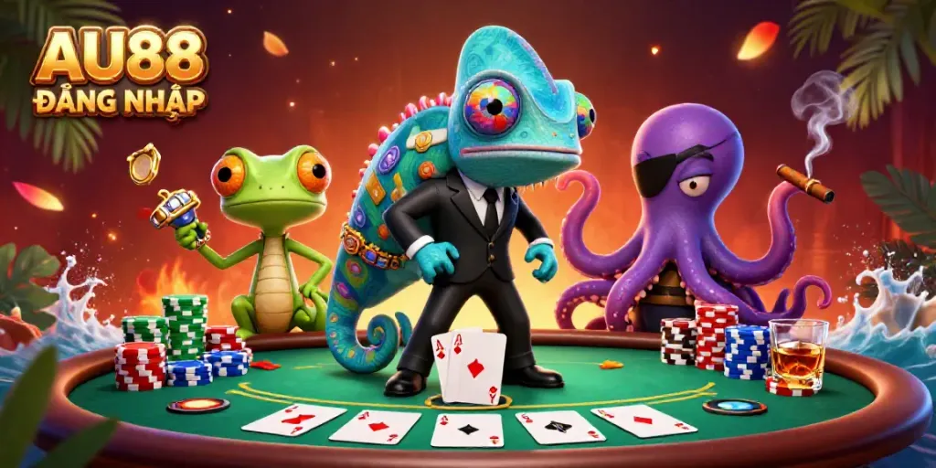 Engage in thrilling poker moments with AU88 ĐĂNG NHẬP at a vibrant casino scene featuring colorful characters.