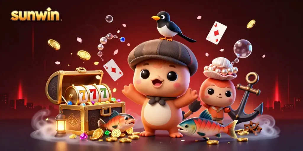 Experience the excitement with sunwin as Nessie and friends discover treasures in a vibrant casino-themed underwater scene.