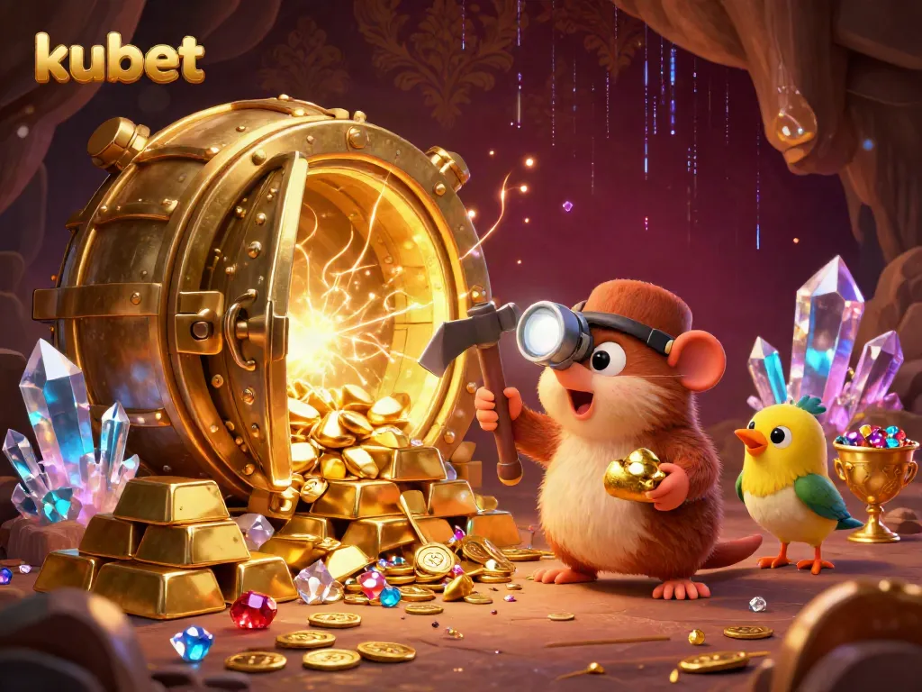 Kubet treasure hunting scene with a mole and canary surrounded by gold, gems, and thrilling casino elements.