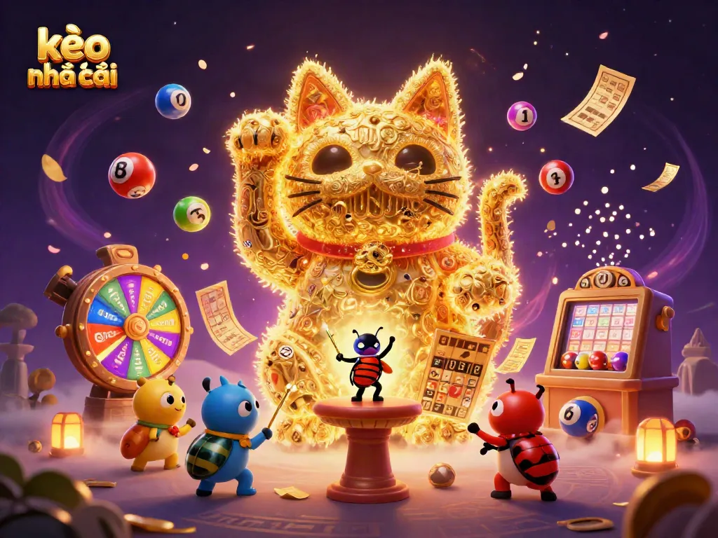Engage with kèo nhà cái through an enchanting scene of golden fireflies transforming into a lucky cat amidst colorful lottery elements.
