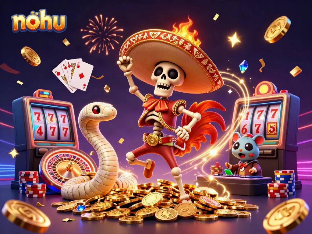 Experience the thrill of nohu with vibrant slot symbols and charismatic characters celebrating in 3D style.