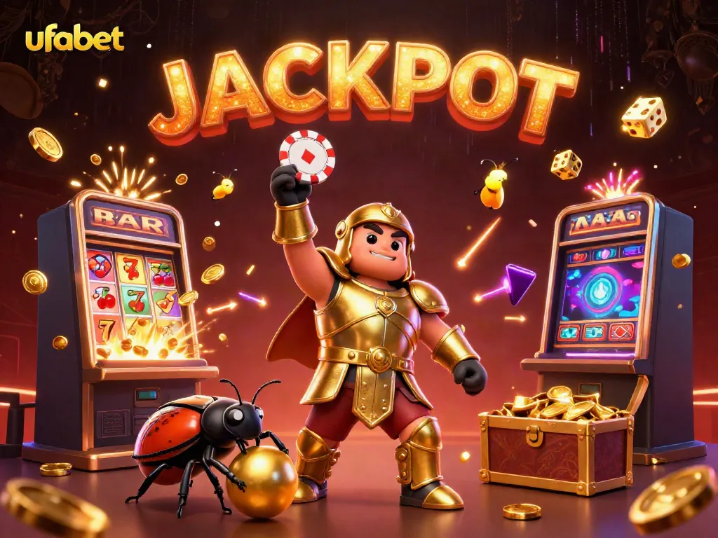 Experience ufabet's thrilling jackpot with a victorious beetle surrounded by casino excitement.