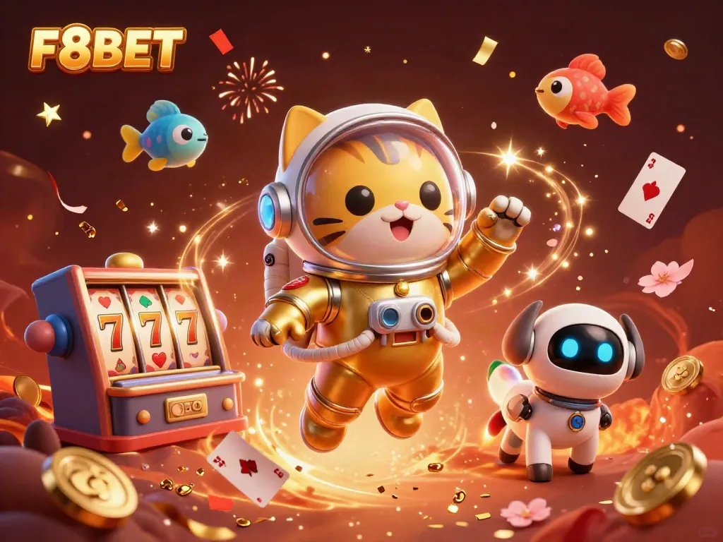 Experience the excitement of F8BET with a dynamic scene featuring a floating astronaut cat, a robot dog, and vibrant casino elements.