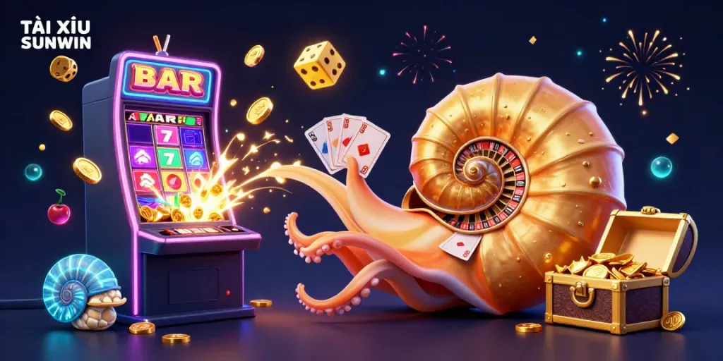 TÀI XỈU SUNWIN showcases an exciting 3D casino scene with vibrant characters and dynamic game elements, ideal for online gamblers.