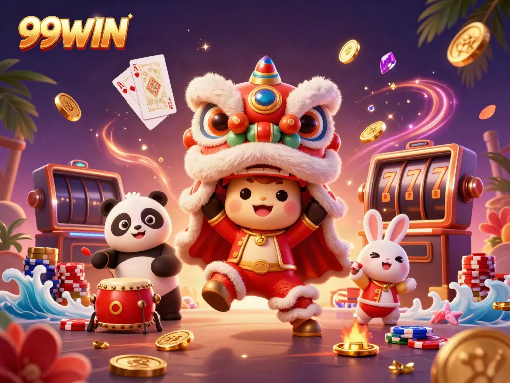 Experience the excitement of 99WIN's diverse games featuring a vibrant lion dance and casino elements in a detailed 3D scene.
