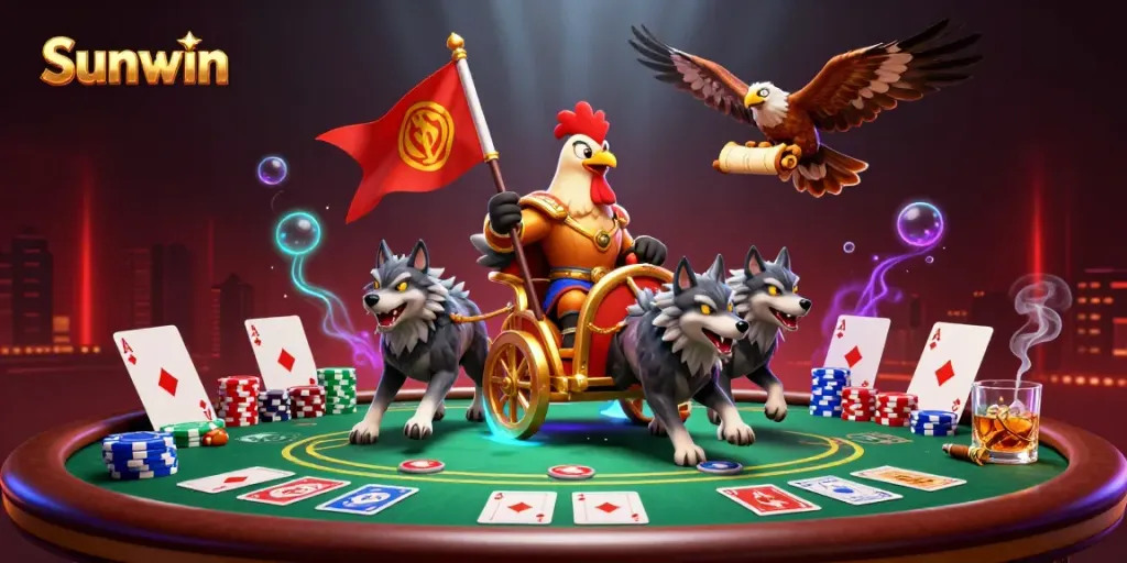 Experience thrilling poker action at Sunwin with engaging characters and vibrant casino elements.