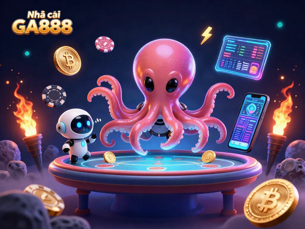 Experience thrilling gaming adventures with Nhà cái GA888's holographic table and cartoon characters.