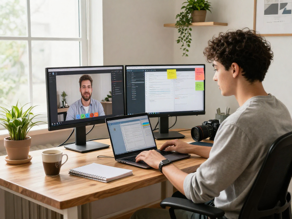 Professional using ToDesk for seamless remote collaboration in a cozy home office.