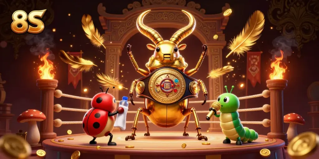 8S betting excitement with a golden stag beetle champion and colorful casino elements