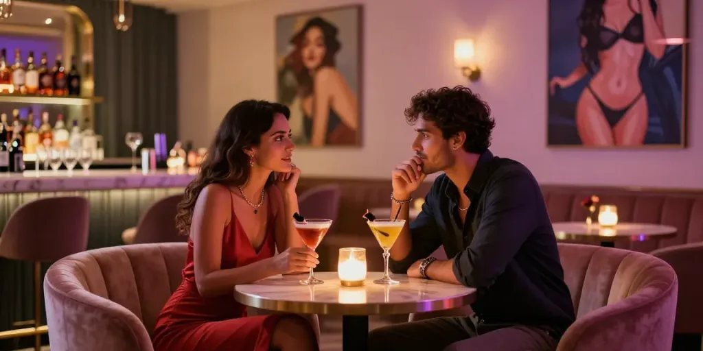 لقاء رومانسي في صالة ترفيه للكبار مع إضاءة دافئة ومشروبات، تبرز مشاعر السكس عربي.