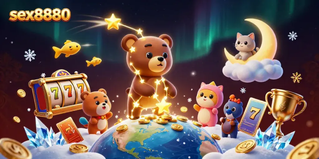 Experience the exhilaration of sex8880 with a vibrant casino scene featuring a golden constellation bear and playing elements.