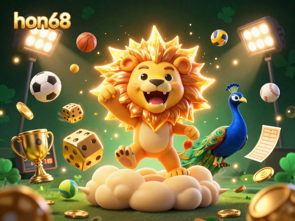 Experience the excitement of hon68 with a lion, golden dice, and vibrant sports elements in a captivating scene.