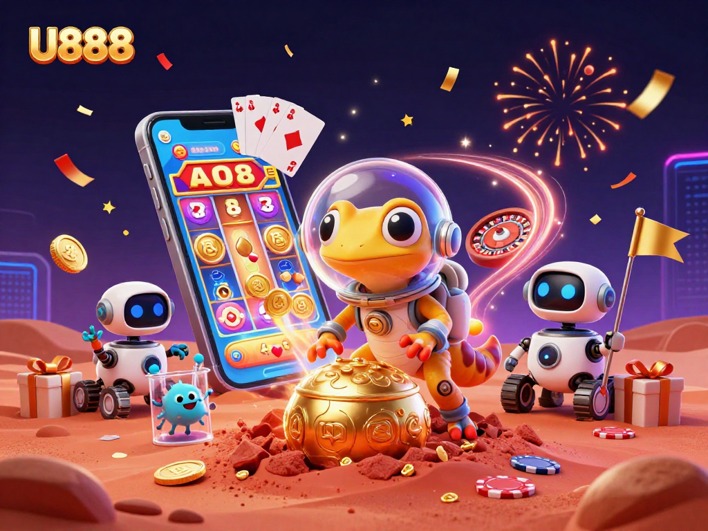 Experience U888's galactic casino adventure with a Martian gecko and exciting game symbols.