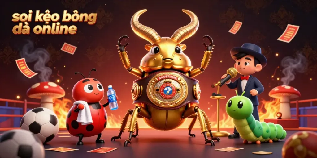 Engage in sports betting with soi kèo bóng đá online detailed cartoon illustration of a golden stag beetle boxing champion.