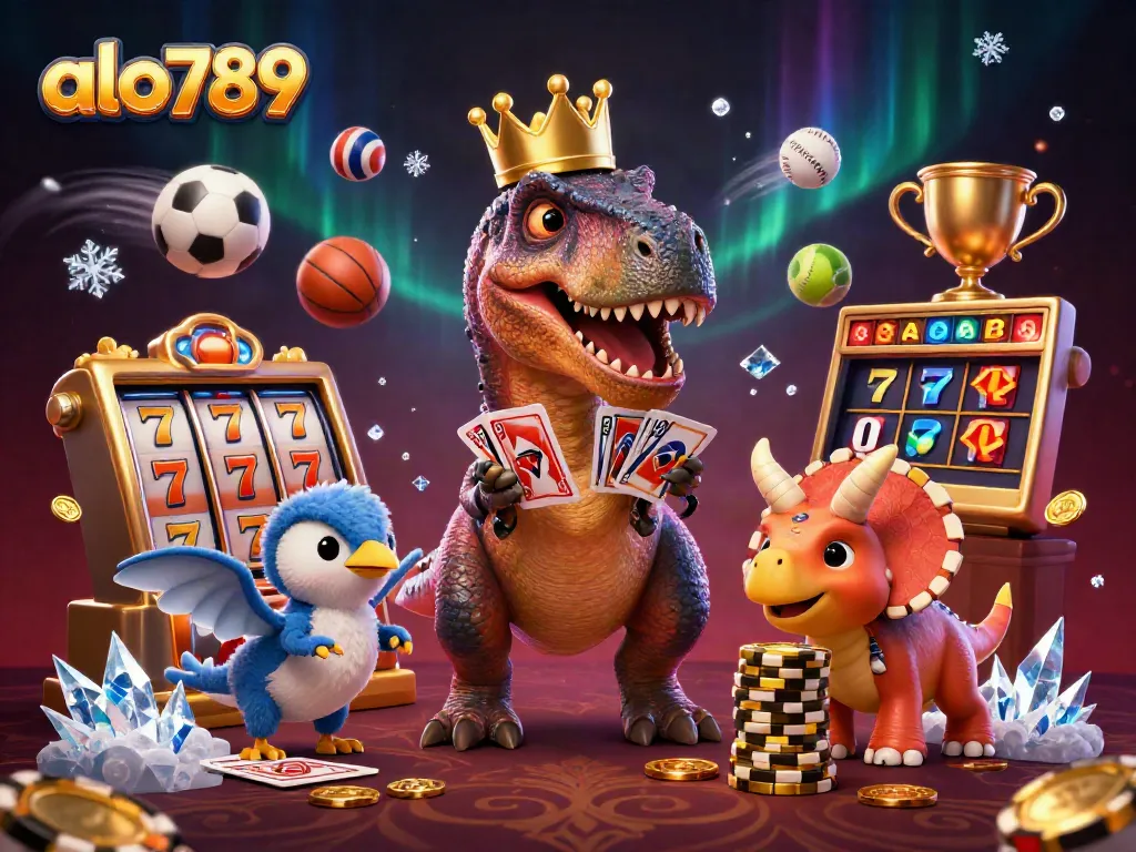 Alo789 features a playful T-Rex and friends engaging in a lively card game at a dynamic casino.