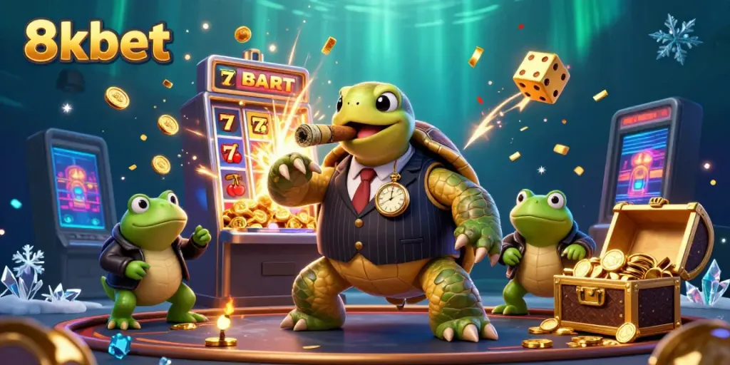 Experience thrilling gameplay with 8xbet's animated characters amidst casino lights and jackpot wins.
