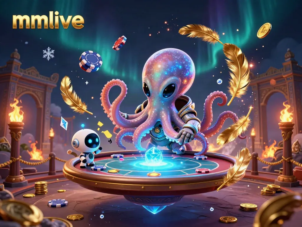 Experience mmlive with an alien octopus mastering a holographic poker table in a vibrant casino scene.