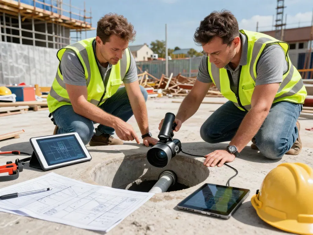 Drainage Survey for Build Over Agreement analysis with CCTV equipment at a construction site.