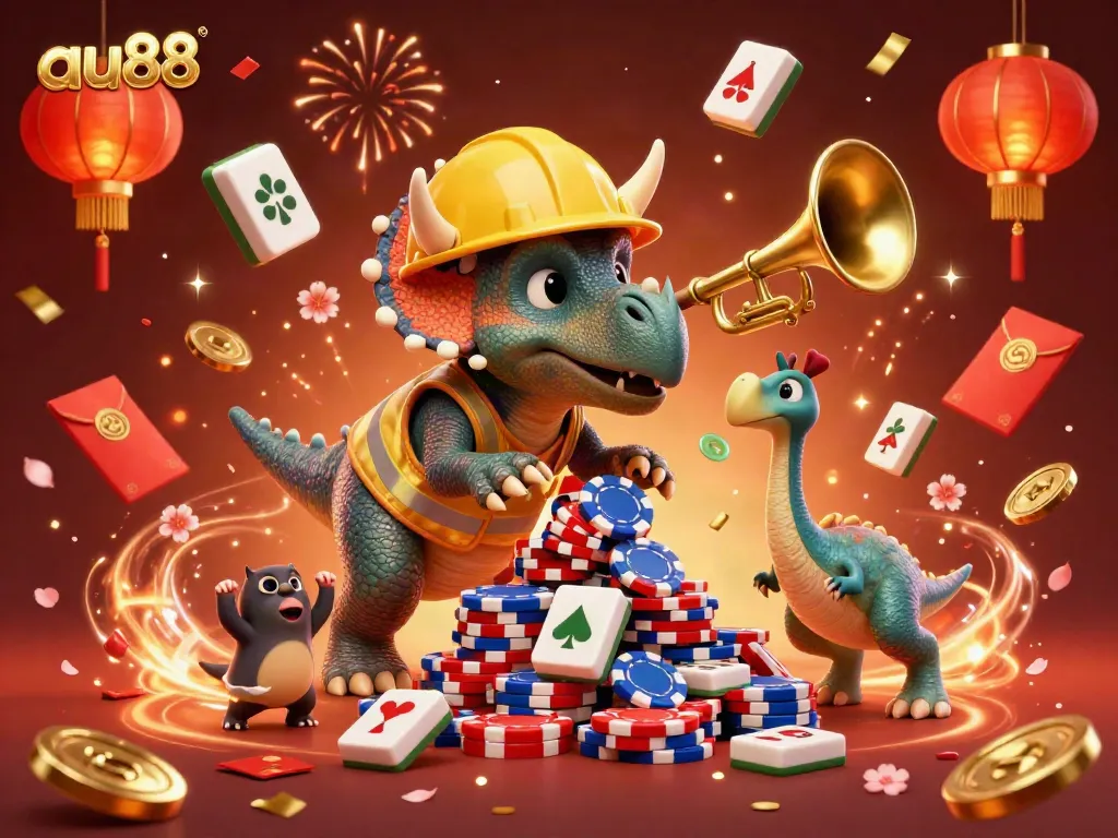 Experience excitement with au88 as the triceratops celebrates a casino win amidst a vibrant atmosphere.