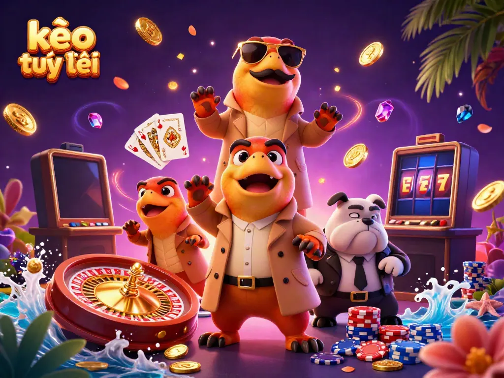 Experience the vibrant world of kèo trực tuyến with raptors and a bulldog in a fun casino scene.