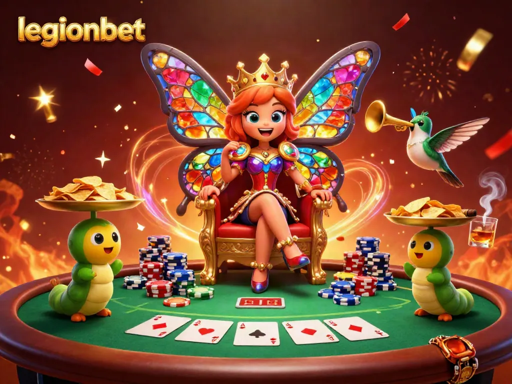Experience the excitement of legionbet with a vibrant casino scene featuring a butterfly queen and poker elements.