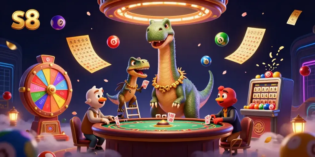 Engaging scene at S8 casino with a brontosaurus and raptor interacting among dynamic gaming elements.