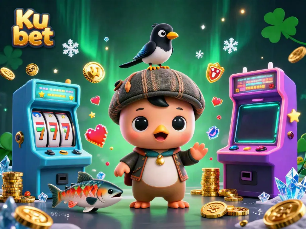 Join the fun at Ku bet with colorful slots, baby Nessie, and a lucky magpie in a vibrant casino.