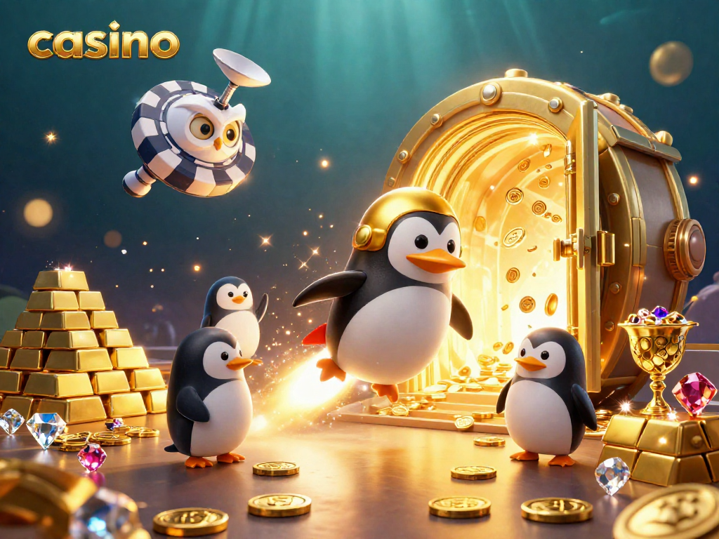 Experience thrilling casino adventures with a golden penguin and poker chip space station.