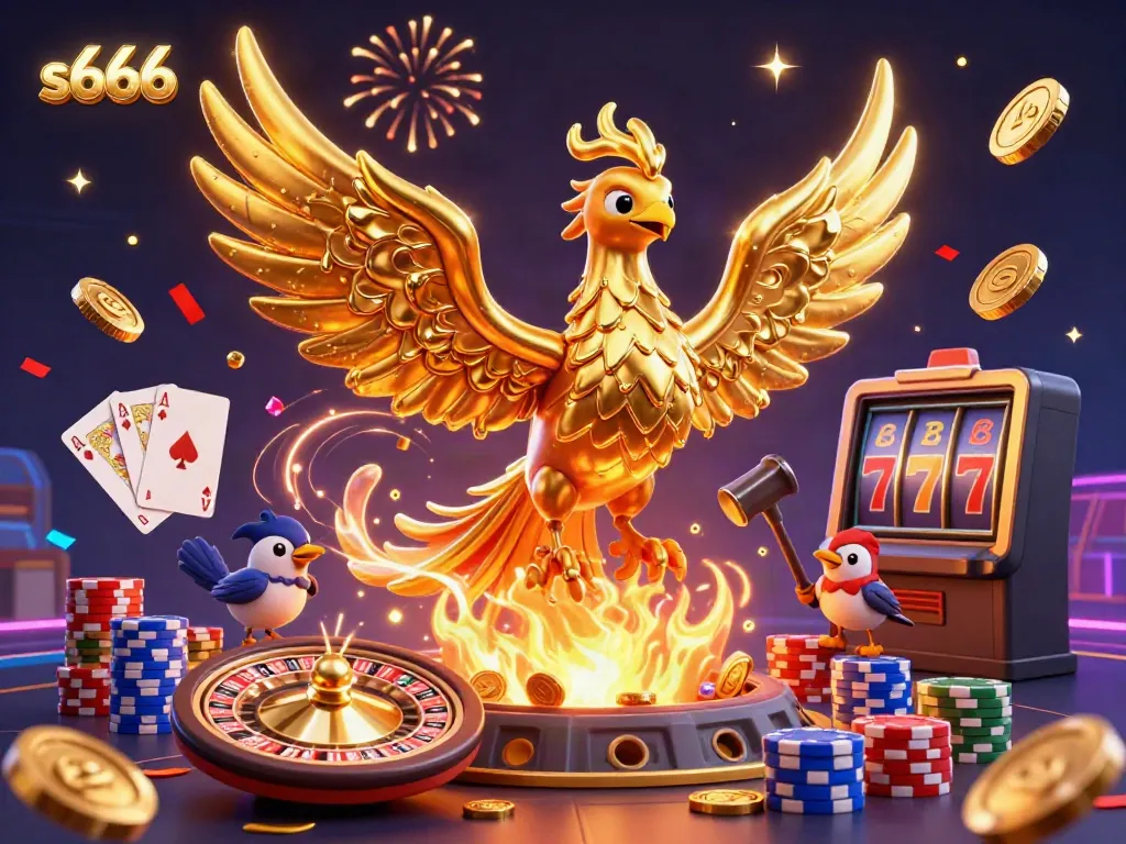 Experience s666’s thrilling dynamic casino scene featuring a molten gold phoenix and vibrant gaming elements.
