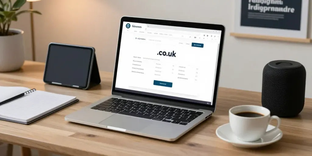 .co.uk domain registration page on a sleek laptop in a modern workspace, showcasing tech gadgets and a professional setup.