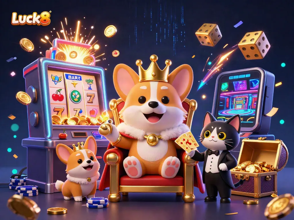 Experience the thrilling jackpot excitement at Luck8 with a royal corgi and vibrant casino elements.