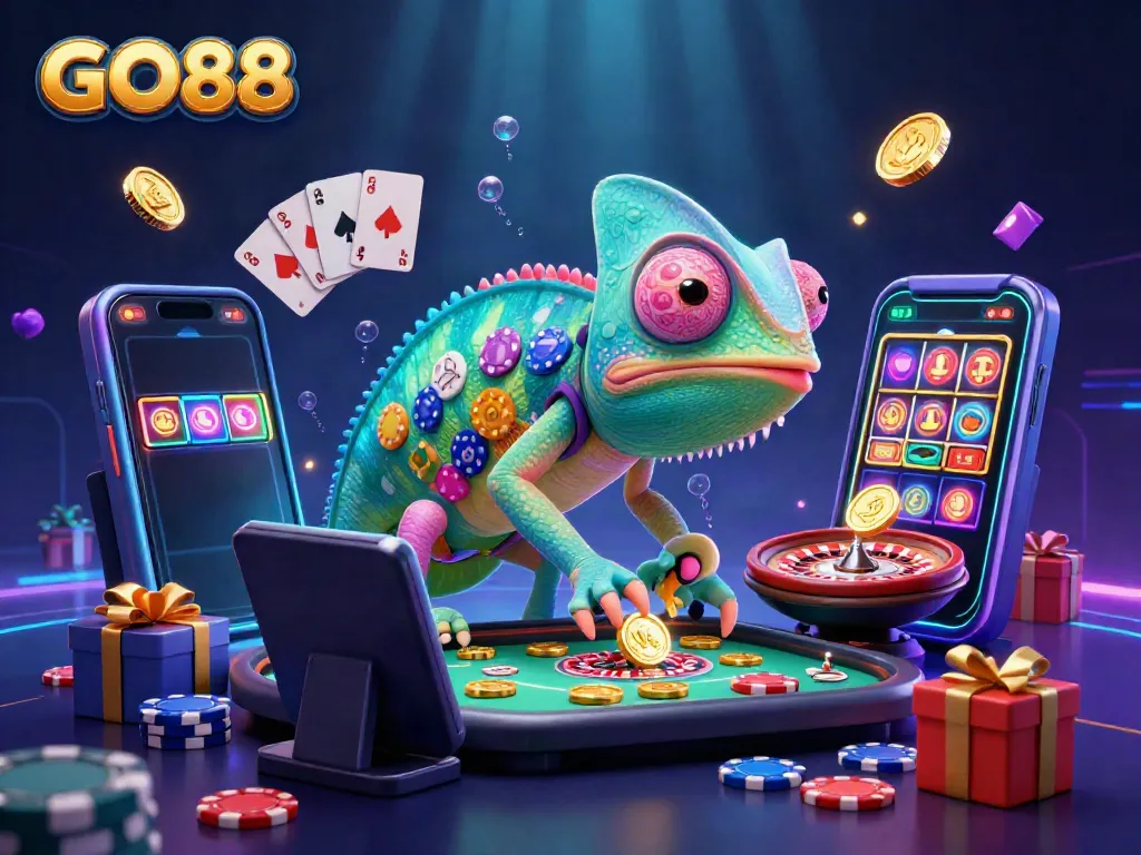 Experience the thrilling world of GO88 casino with a colorful illustration of a chameleon casino owner surrounded by dynamic gaming elements.