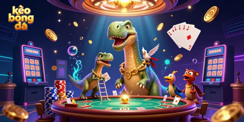 Experience the thrill of kèo bóng đá with a vibrant 3D casino scene featuring a giant brontosaurus and clever raptor.