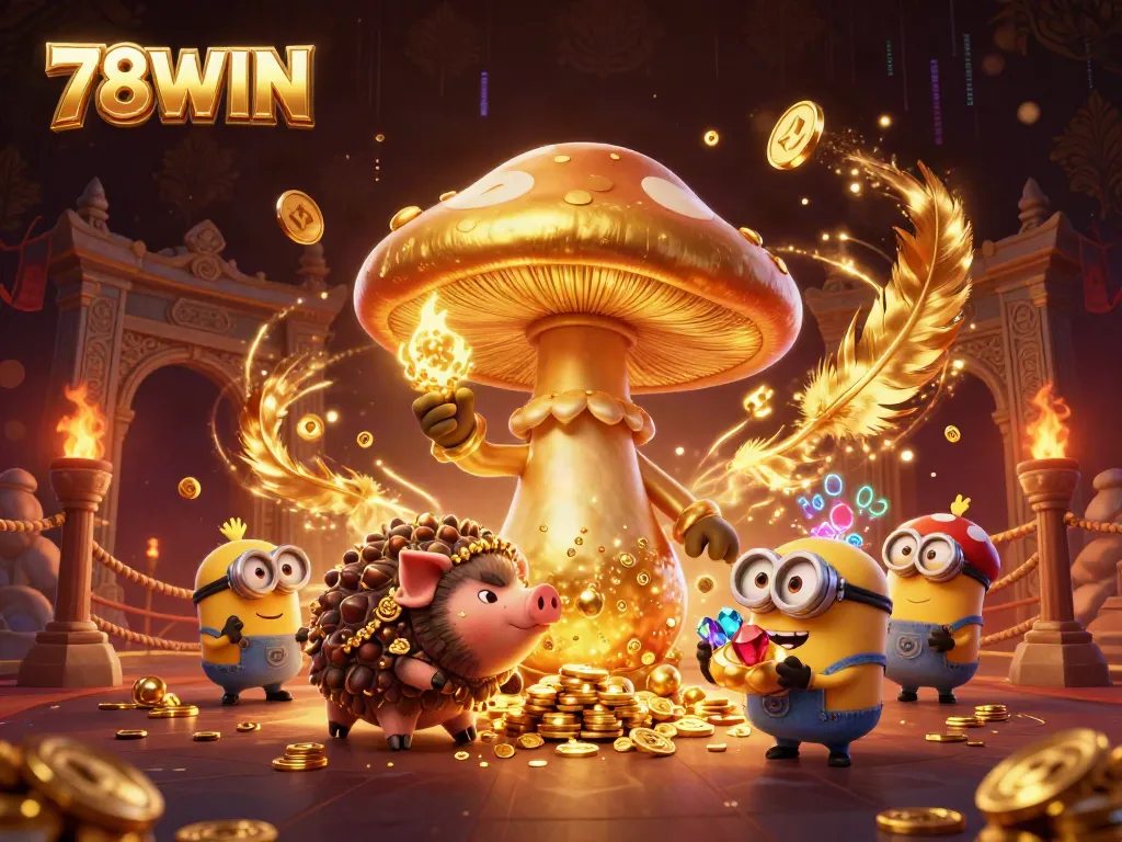 Engage with 78WIN's dynamic gaming experience featuring a magical mushroom wizard, treasure pig, and vibrant casino elements.