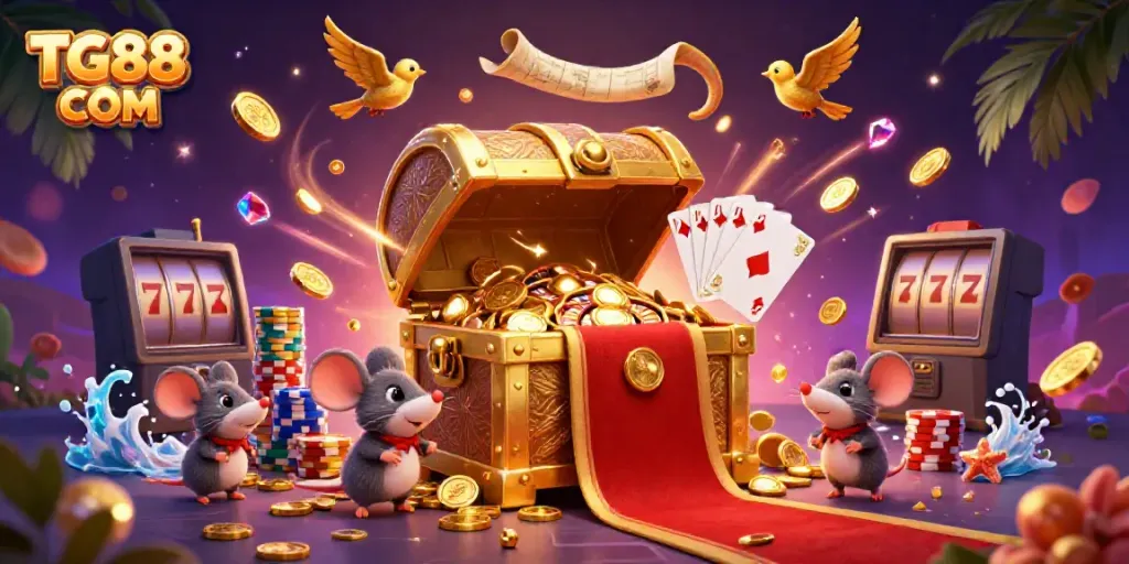 Experience excitement and treasure at TG88 COM with a vibrant 3D scene filled with captivating casino elements.
