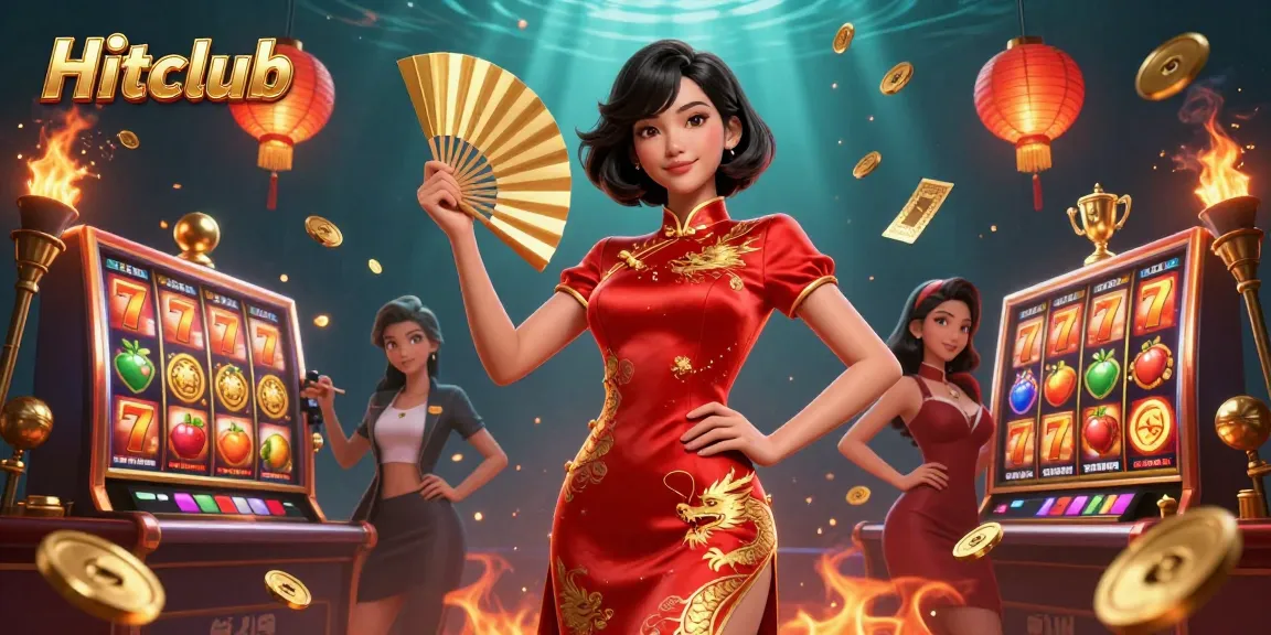 Hitclub showcases a vibrant casino scene with dynamic slot game elements and a stunning character.
