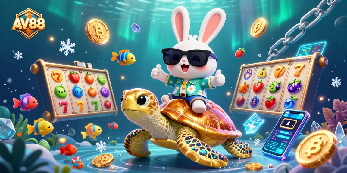 Play slot games with AV88 while enjoying a vibrant underwater casino scene featuring a lucky rabbit.