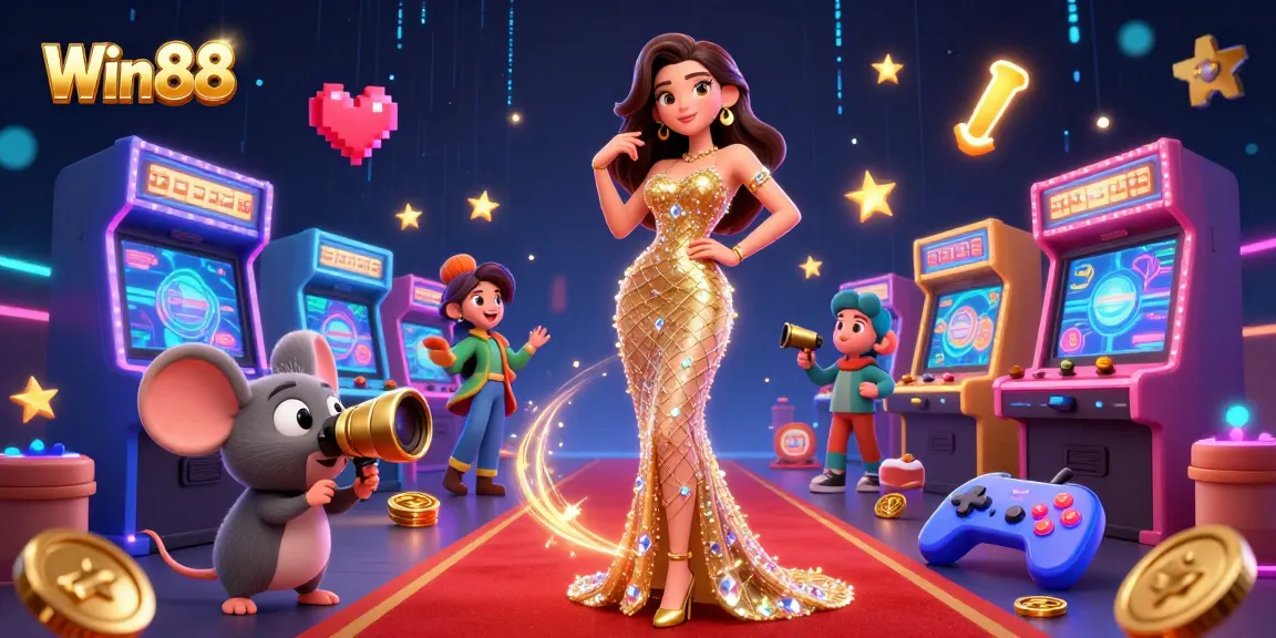Win88 illustration captures a glamorous casino scene filled with excitement and game elements.
