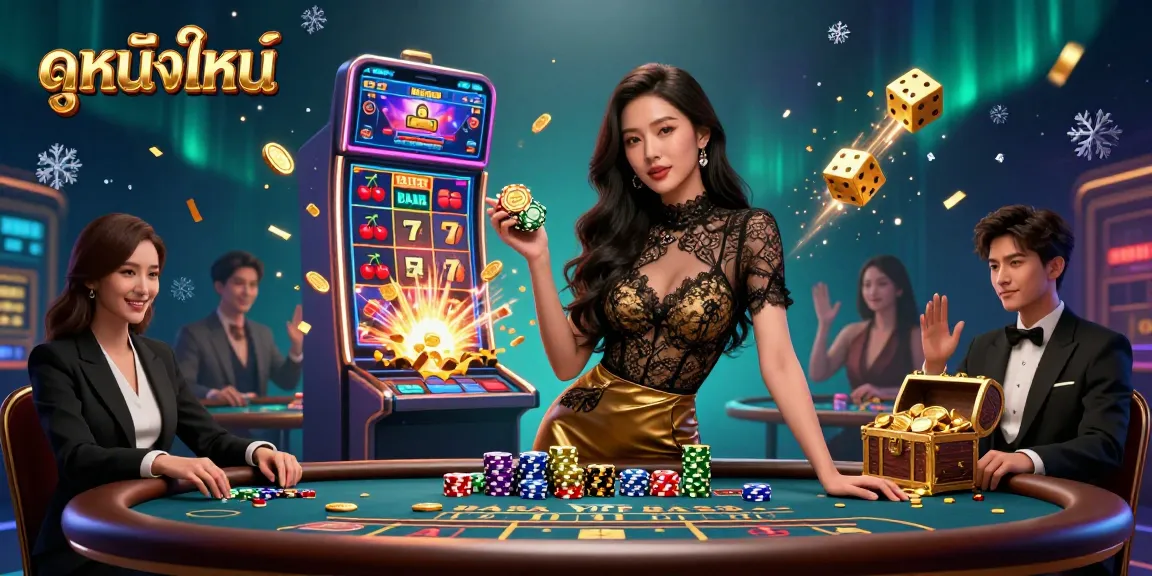 Experience ดูหนังใหม่ at a VIP baccarat table with vibrant casino elements in this dynamic 3D illustration.