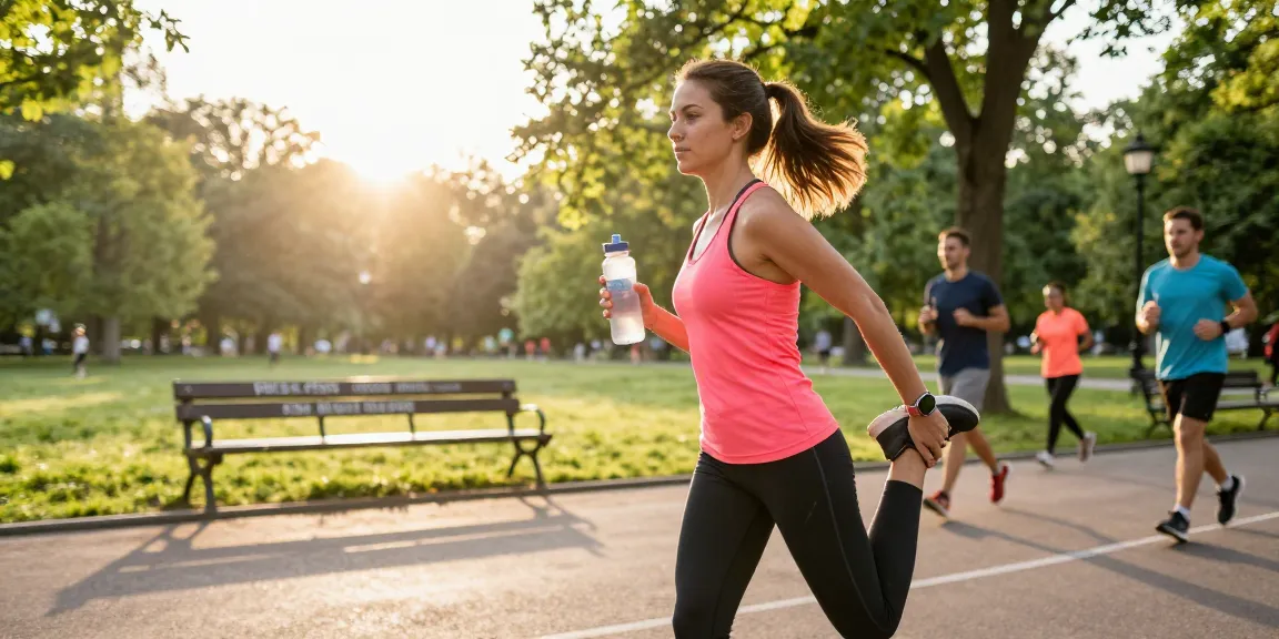 Athletic woman using a health tracker watch while stretching in a park.