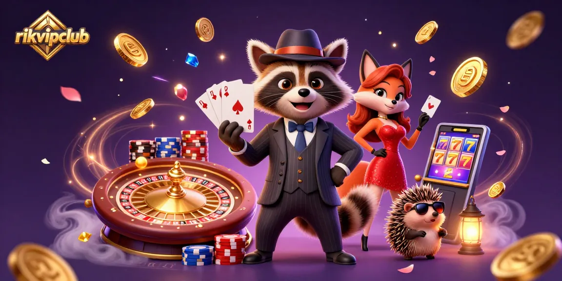 Experience the thrill at rikvipclub with a suave raccoon, glamorous fox, and action-packed casino scene.